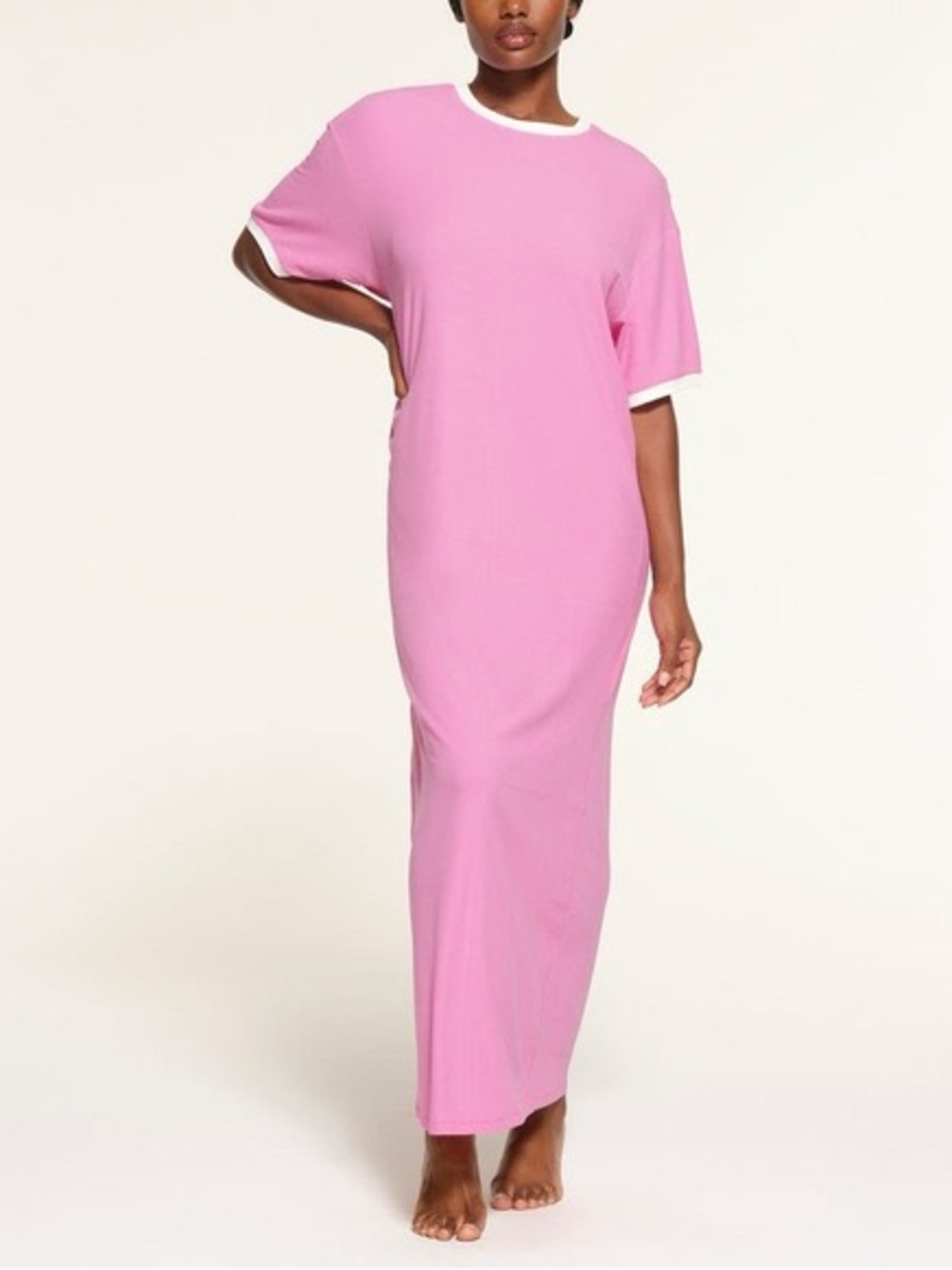 SKIMS Soft Lounge Ringer T-Shirt Maxi Dress Pink White XXS